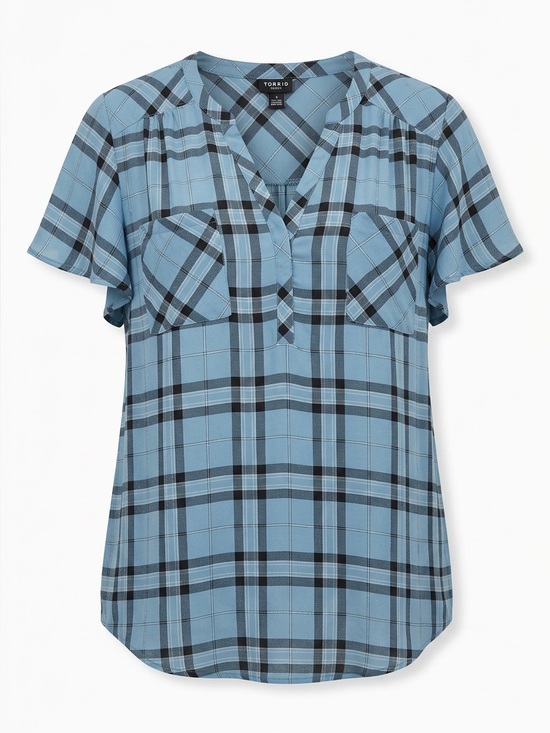 torrid Tops - torrid Blue Plaid Ruffle Sleeve V-Neck Blouse